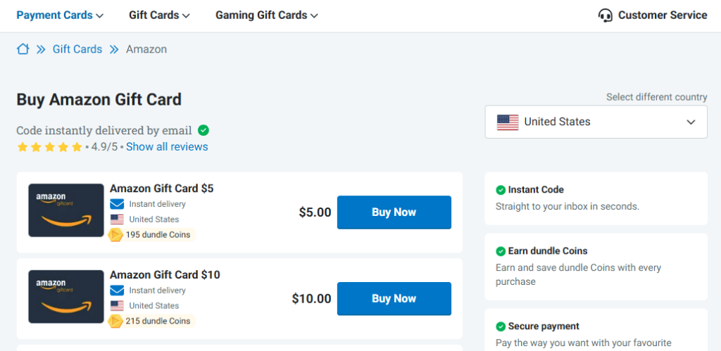 Select your desired Amazon gift card amount and click 'Buy Now' to proceed Amazon gift card purchase screen displaying various denominations with a highlighted 'Buy Now' button