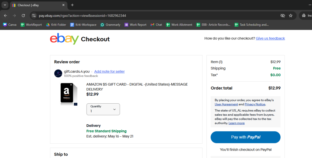 Click the ‘Buy It Now’ button to finalize your Amazon Gift Card purchase via PayPal checkout. Checkout page on a website with the ‘Buy It Now’ button highlighted, prompting users to proceed with purchasing an Amazon Gift Card using PayPal