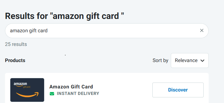 Click on Discover to view all available Amazon gift card options Amazon Gift Card options displayed on the Discover page, allowing users to browse available gift cards for purchase