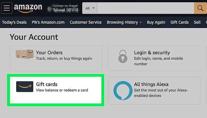 Find the gift card section on the Amazon website Navigate through the Amazon homepage to find the gift card section from the menu or search bar