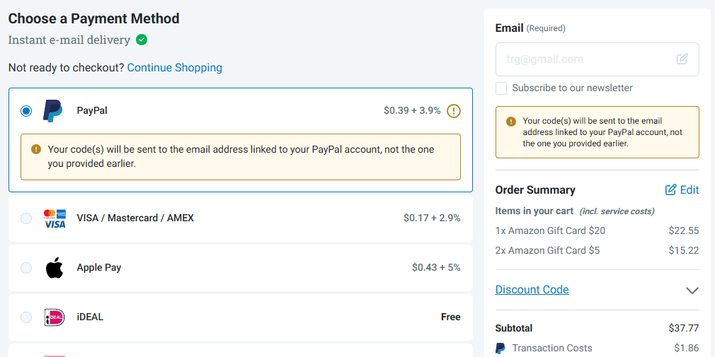 Select PayPal as your payment method and enter your email address on the shopping cart page Screenshot of the shopping cart page showing an email address field and PayPal selected as the payment method for purchasing an Amazon gift card