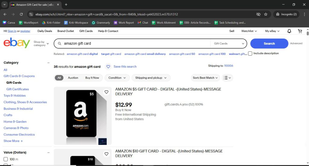 Search for an Amazon gift card from the available options on the Amazon website User searching for an Amazon gift card on the website using the search bar to find available options
