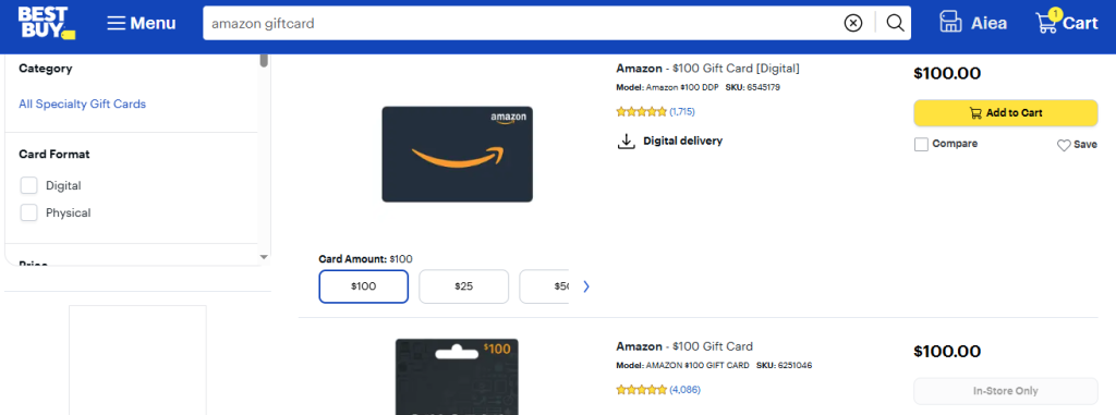 Search for an Amazon Gift Card on the Amazon website before purchasing with PayPal Search bar on the Amazon website with the user typing to find an Amazon gift card