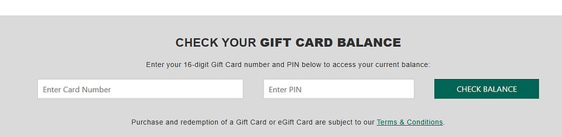 Website homepage showing the bottom section with gift card balance links