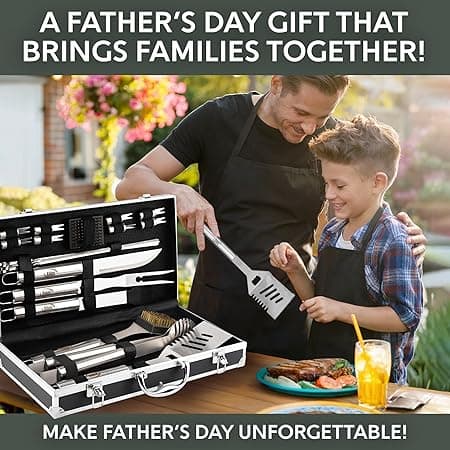 21-piece stainless steel BBQ grill tools set with spatula, tongs, skewers, and storage case