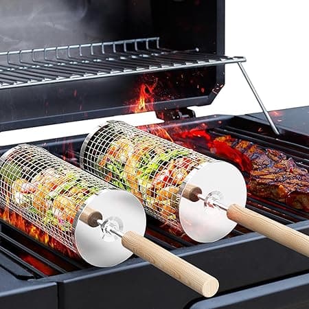 Durable stainless steel rolling grill basket with removable beechwood handles for grilling vegetables and meats