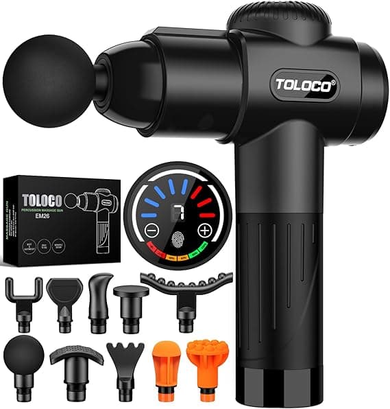 TOLOCO percussion massage gun with LED control display, multiple attachments, and ultra-quiet motor"