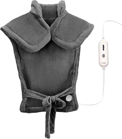 Large electric heating pad with adjustable heat settings, auto-off timer, and hands-free shoulder wrap design