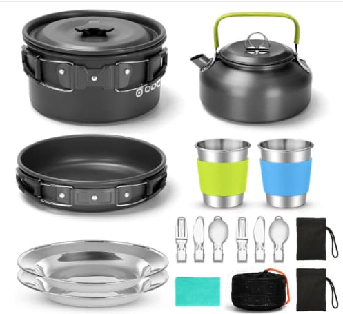 Odoland Camping Cookware Mess Kit – Complete Outdoor Cooking Set for Campers. Odoland 16-piece portable camping cookware mess kit with pot, pan, and utensils.