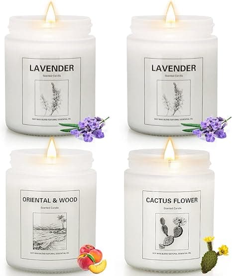 Set of four soy wax scented candles in decorative tins with clean-burning wicks and relaxing fragrances