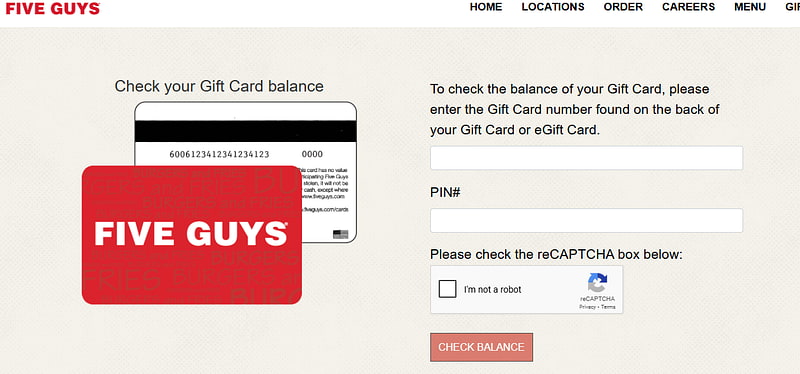 Enter your Five Guys card number and PIN to proceed gift card form with card number and PIN entry fields