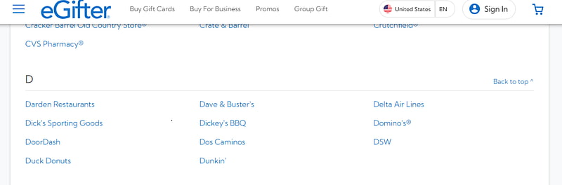 Search field being used to find Dick’s Sporting Goods on a gift card balance site