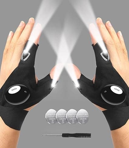 Pair of LED flashlight gloves with adjustable straps for hands-free lighting while working or camping