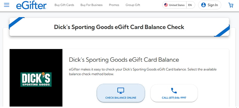 Page showing clickable links: 'Check Balance Online' and 'Check Gift Card Balance' under Dick’s Sporting Goods