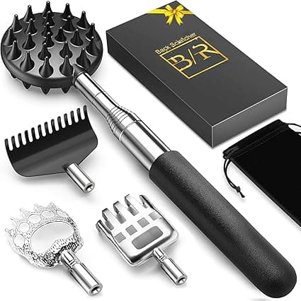 4-in-1 telescoping back scratcher set with interchangeable heads and ergonomic grip handle