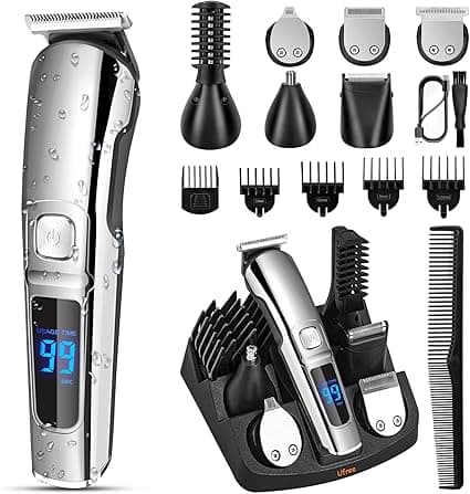 Multifunctional beard trimmer kit with waterproof design, guide combs, and LED display for grooming
