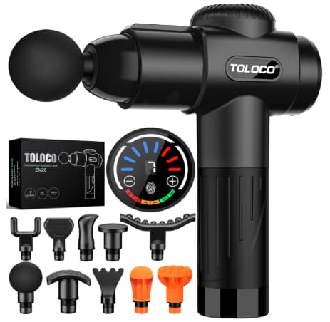 TOLOCO Massage Gun – Deep Tissue Muscle Relief for Fitness Recovery. TOLOCO handheld deep tissue massage gun with multiple speed settings.