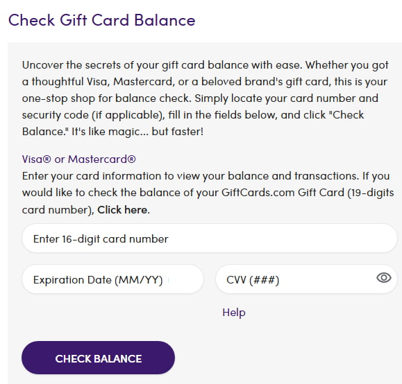Visa account dashboard displaying current gift card balance