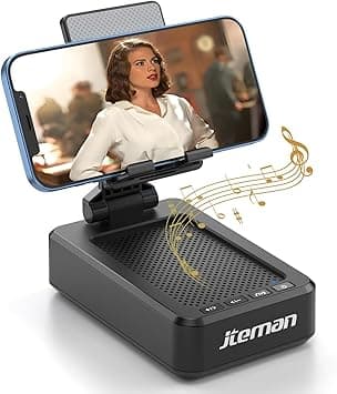 Adjustable cell phone stand with built-in Bluetooth speaker and anti-slip silicone base for hands-free use
