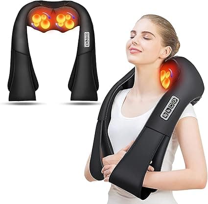 Shiatsu neck and back massager with bi-directional rotating massage heads, heat option, and portable design