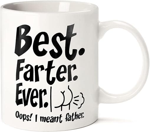 Premium ceramic coffee mug with humorous printed message and C-shaped handle, microwave and dishwasher safe