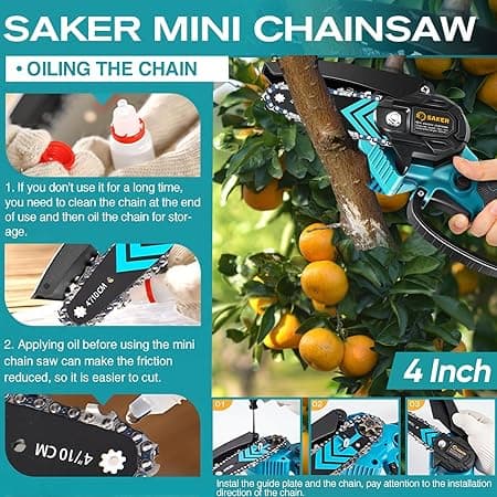 Rechargeable mini chainsaw with copper motor and one-handed operation for pruning and light cutting tasks