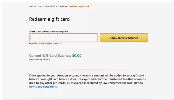 Enter your gift card code to redeem it. Input field for entering an Amazon gift card code