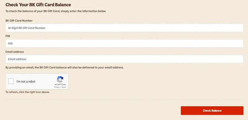 Step 3 for checking Burger King Gift Card balance — entering the card number, PIN, and email address on a website form User entering a 16-digit Burger King Gift Card number, PIN, and email address into an online balance check form