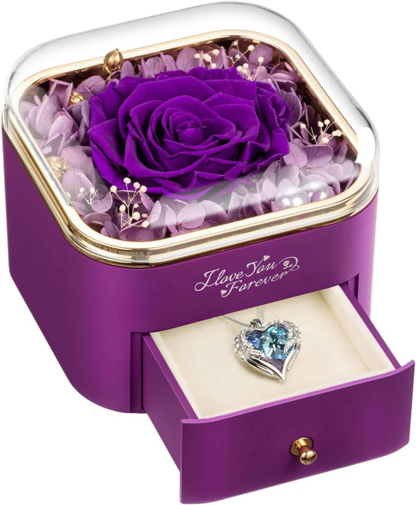 Gift-ready set featuring a preserved purple rose and angel wings necklace from NEWNOVE. NEWNOVE Preserved Real Purple Rose with Angle Wings Necklace