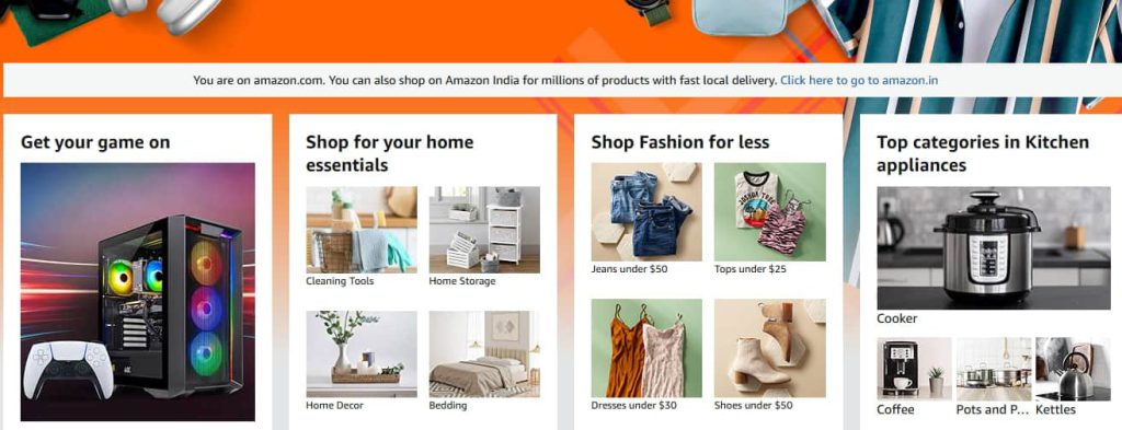 Open the official Amazon website Screenshot showing the Amazon homepage