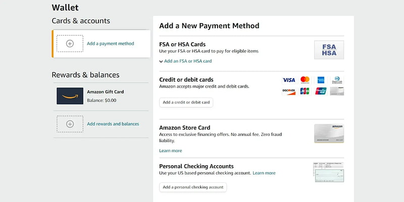Amazon payment settings page displaying the option to add a new credit or debit card, ideal for linking a Visa gift card for online purchases