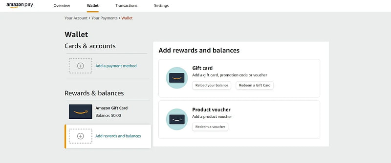 Amazon account dashboard highlighting the gift cards section and the reload your balance option for adding funds using Visa gift cards