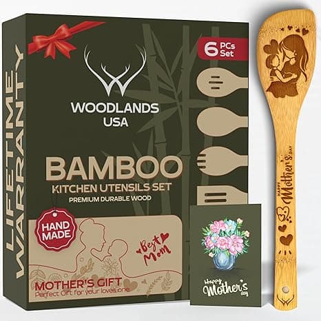 Woodlands USA Bamboo Spoons - Sustainable kitchen gift for moms Using Amazon Gift Card Set of Woodlands USA eco-friendly bamboo wooden spoons for kitchen Using Amazon Gift Card