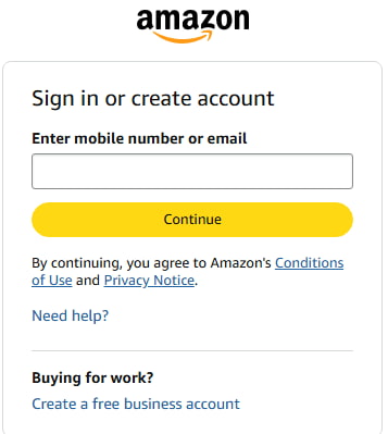 Log in or create an Amazon account. Amazon login/sign-up screen with email and password fields