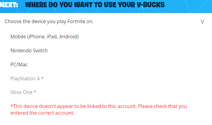 User selecting their preferred gaming platform for V-Bucks redemption and clicking the Next button on the website User selecting their preferred gaming platform for V-Bucks redemption and clicking the Next button on the website