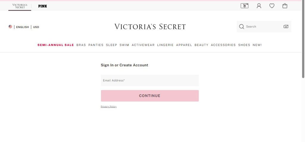 User logging into their Victoria’s Secret account or creating a new one on the official website or app.

