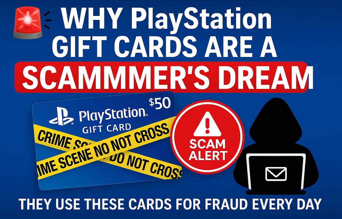 PlayStation $50 gift card wrapped in caution tape with a hacker in the background; uncovers why scammers heavily target PSN gift cards