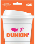 Customer redeeming a Dunkin' Donuts gift card at a store counter by scanning the card or showing the barcode to the cashier.


