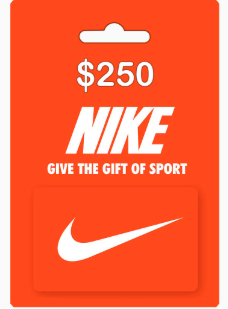 Customer redeeming a Nike gift card at a retail store checkout counter by presenting the card to the cashier.

