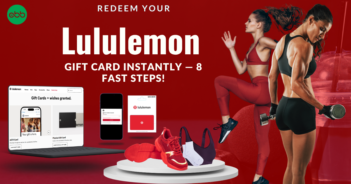 Illustration showing an 8-step guide to instantly redeem a Lululemon gift card online and in-store, check the balance, and use it for athletic apparel purchases.