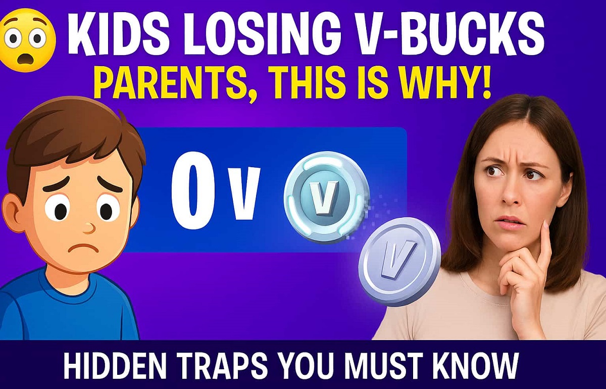 Sad child in front of a screen showing 0 V-Bucks, while a confused parent looks on; illustrates how children lose Fortnite currency without explanation