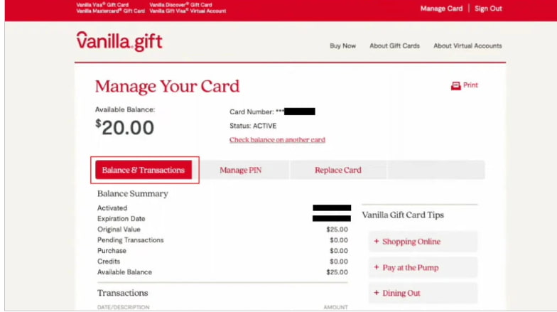 User selecting the Balance & Transactions option to check and use their Vanilla Visa gift card online.

