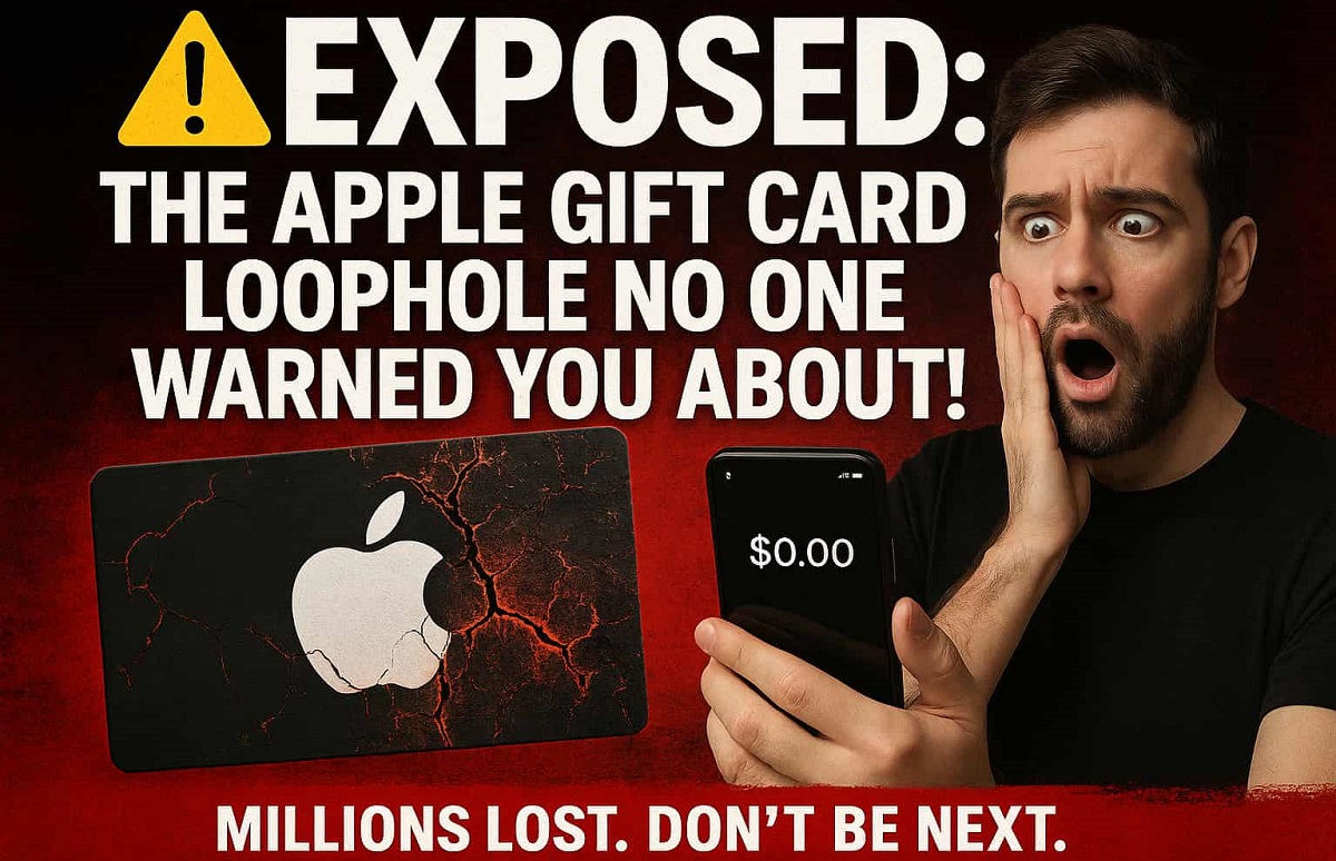 Shocked man staring at a phone showing a $0 Apple balance, with a cracked Apple gift card in view; exposes the lesser-known loophole draining user funds