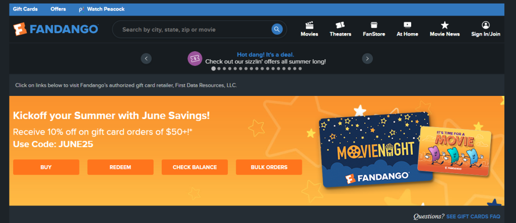 official Fandango platform where the gift card can be redeemed