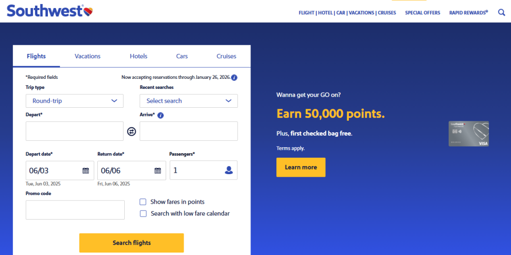 Navigate to the official Southwest Airlines website to redeem your gift card Open the Official Southwest Airlines Website