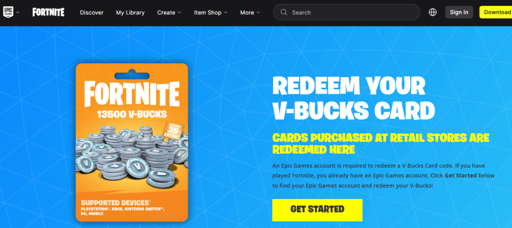 User opening the official V-Bucks website on a desktop browser to start the V-Bucks redemption process. User opening the official V-Bucks website on a desktop browser to start the V-Bucks redemption process.