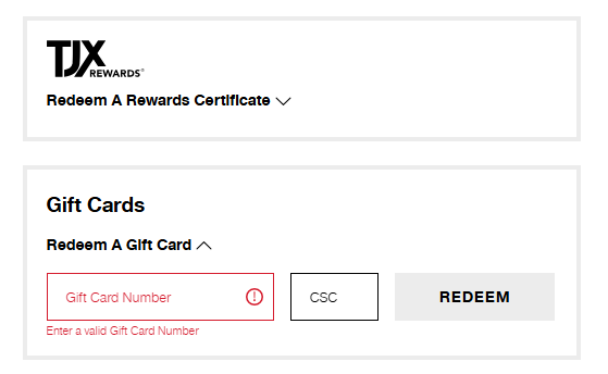 User navigating to the gift card redemption section on the TJ Maxx website or app interface. User navigating to the gift card redemption section on the TJ Maxx website or app interface.