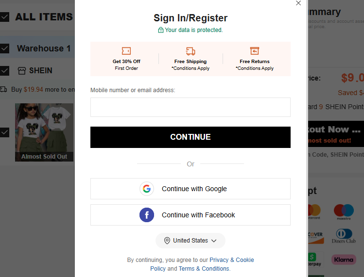 Log in or Create an Account on Shein to Redeem Gift Card Shein login page showing options to sign in or create a new account for redeeming a gift card