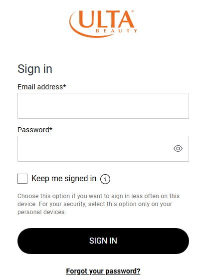 User logging into their existing Ulta account or creating a new account using email and password on the app and website