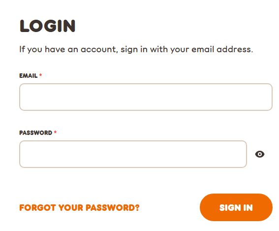 User logging in or creating a new account on the Dunkin' Donuts app before redeeming a gift card.

